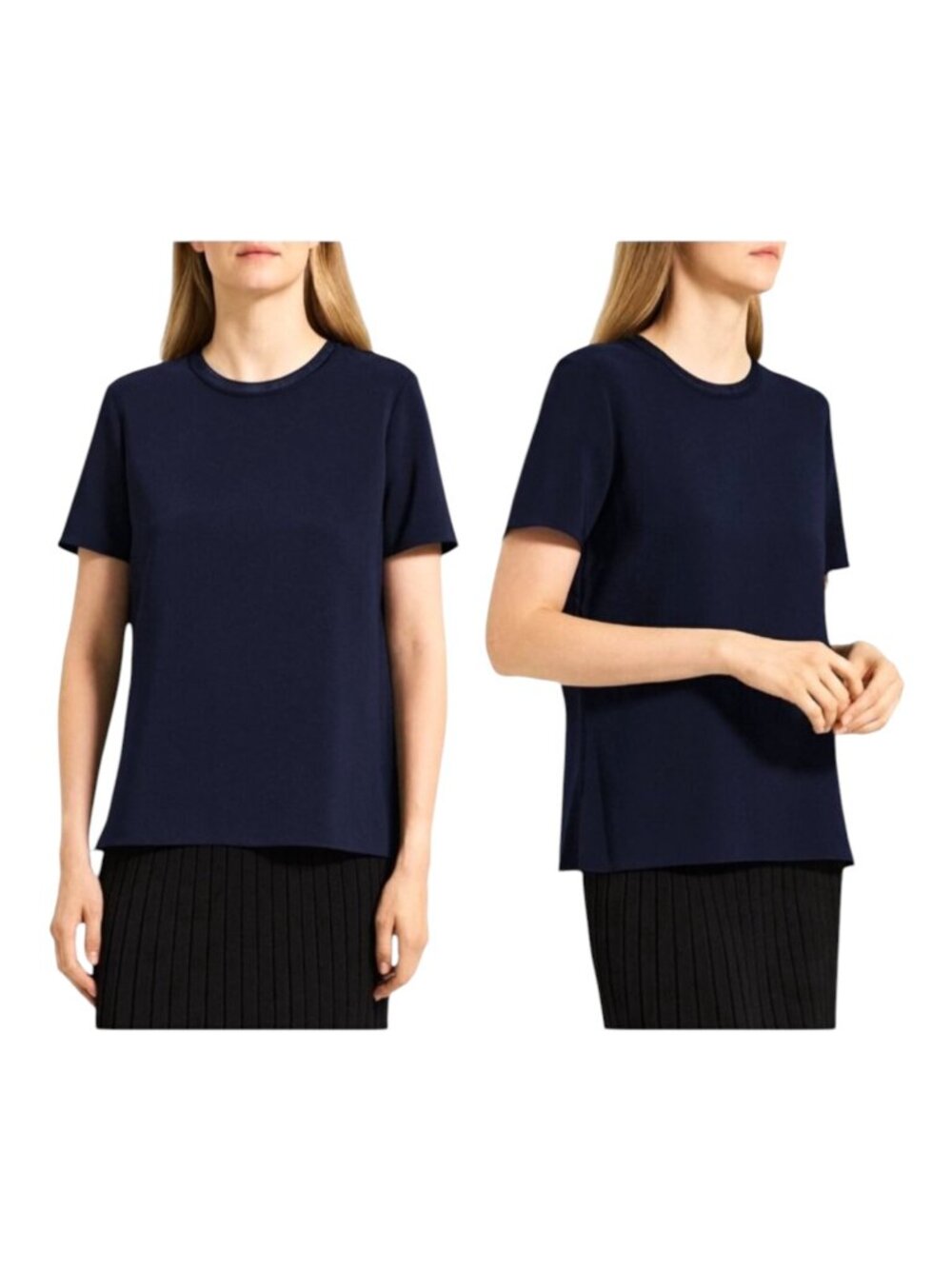 Theory Shirt‎ Women Large Navy Blue Short Sleeve Drapey Viscose Easy Tee Preppy